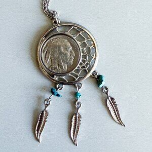 Vintage U.S. Buffalo Head Nickel with Turquoise Gemstone Feathers Necklace